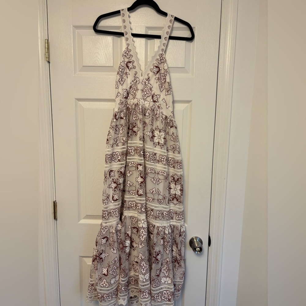 Anthropologie Embroidered Halter Midi Dress White & Burgundy Floral Size M - Picture 4 of 10